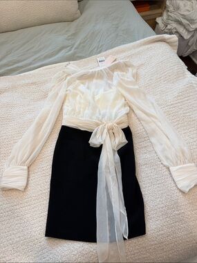 cinq a sept Ivory Sheer Blouse with Black Skirt